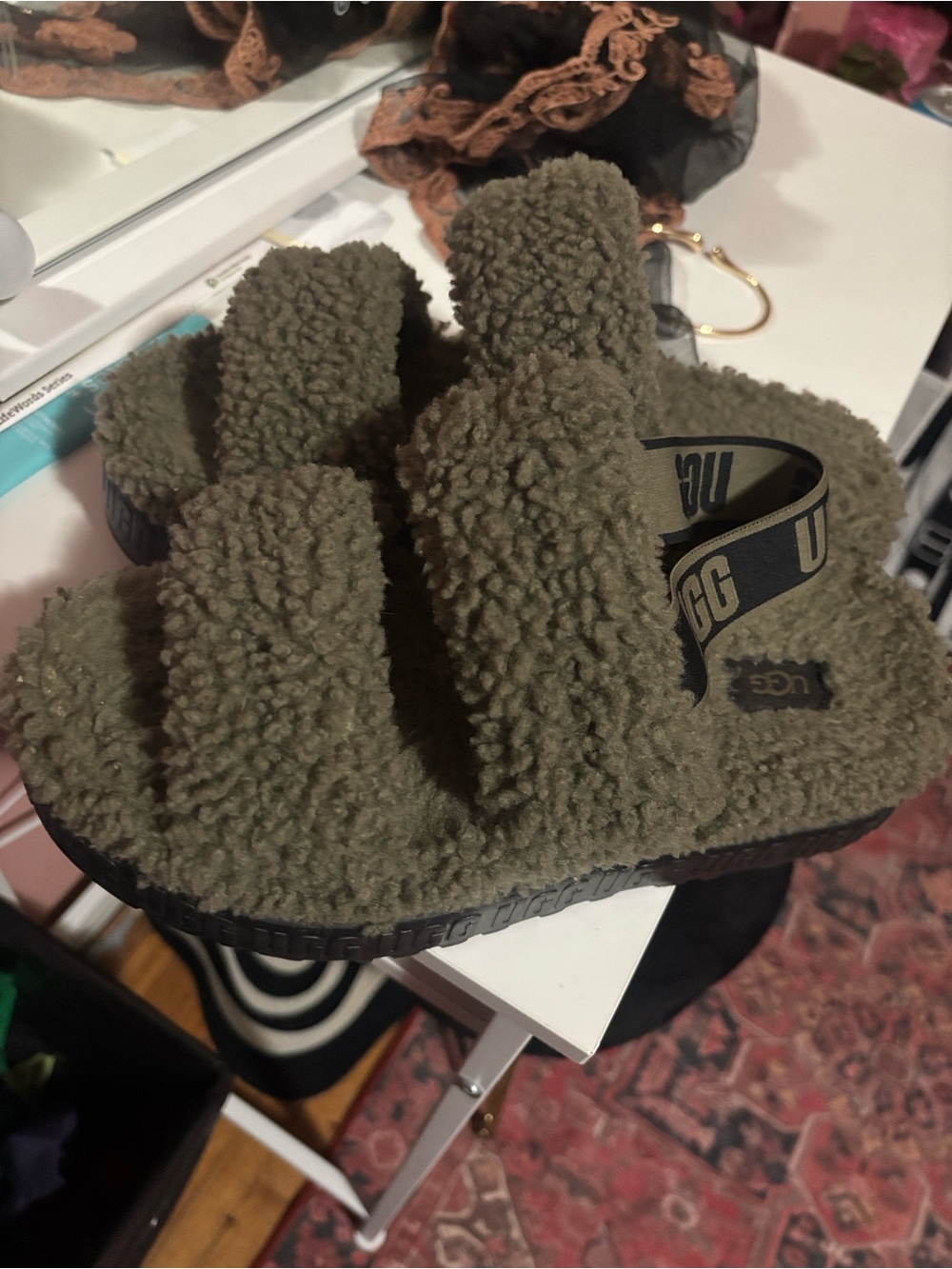 UGG woman’s Fuzz Olive Green Plush Slide Sandals